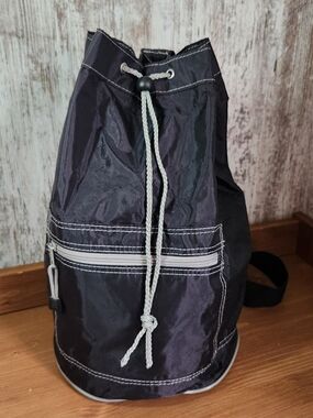 Nylon Black Drawstring Sling Backpack Tote Light Gray Accents Swim Gym Shoe Bag